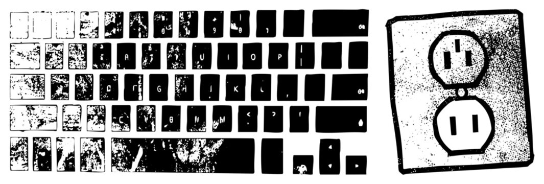 Gritty halftone keyboard wall socket, punk aesthetic &ldquo;keymash&rdquo; meets &ldquo;plug in punk.&rdquo; Seen in zines, indie studios &ldquo;spatter keys,&rdquo; &ldquo;socket scribbles&rdquo; rule. For tech rebels who prefer texture over