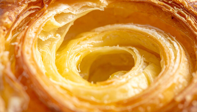 Macro detail of puff pastry buttery folds in extreme close-up