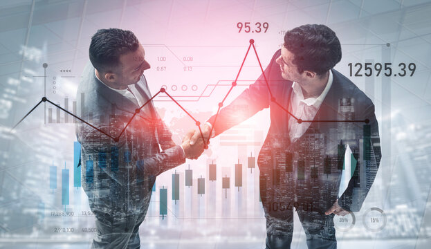 Two businessmen shake hands in a dynamic setting, surrounded by financial graphs and a city skyline, symbolizing collaboration and growth in modern commerce. Scalp