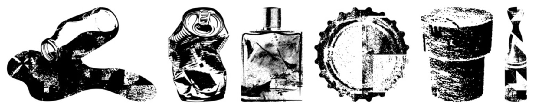 Ragged trash in gritty halftone crumpled can, smashed cap, spilled puddle. Street slang &ldquo;junk &rdquo; or &ldquo;litter glyphs.&rdquo; Ideal for edgy enviro messaging or urban decay themes.