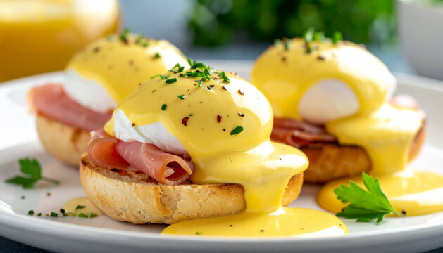 Eggs benedict with creamy hollandaise sauce close up