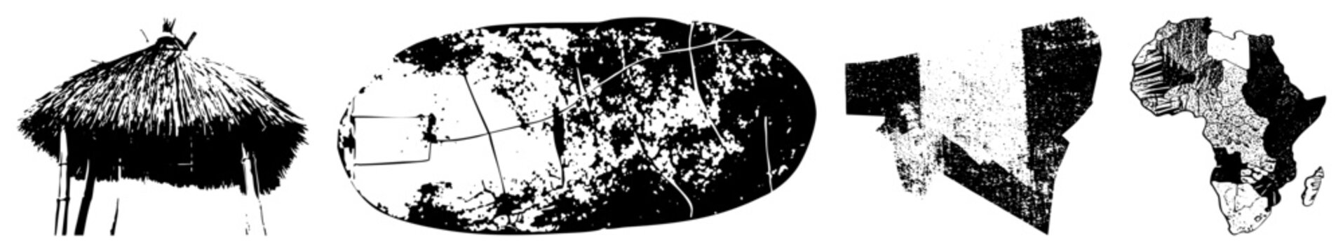 Thatched beach shack (palapa/tiki) beside a gritty halftone globe & fragmented maps &ldquo;island vibe&rdquo; meets cartographic grit. Bold B&W stenciled style evokes vintage travel posters with punk edge.
