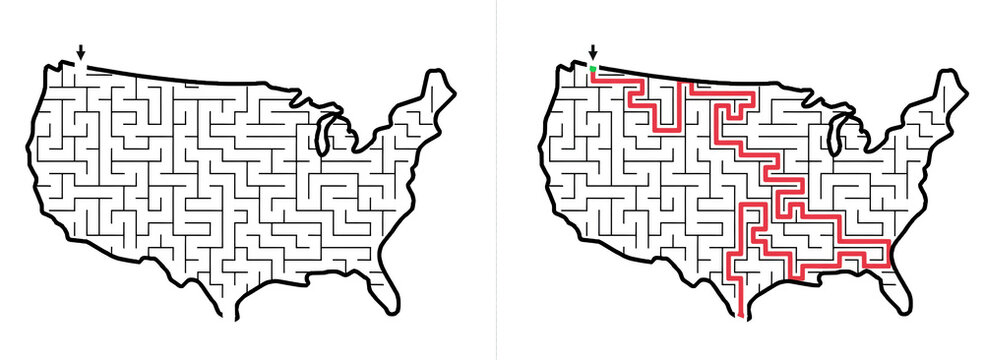 USA Map Maze Puzzle with Solution Path Highlighted