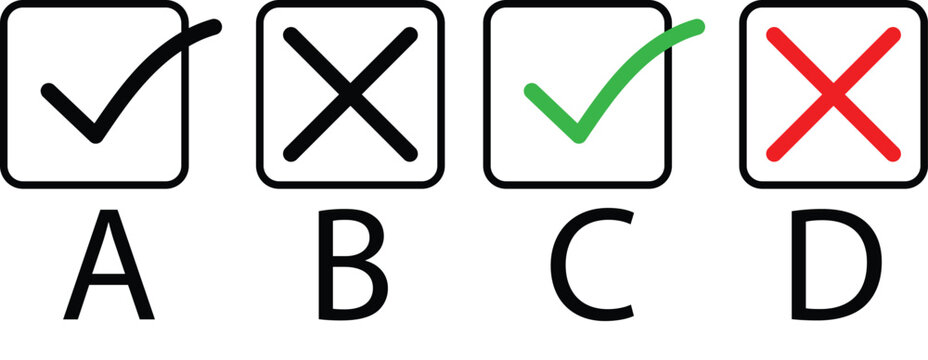 Set of check mark and cross symbols in square boxes, options A B C D vector.