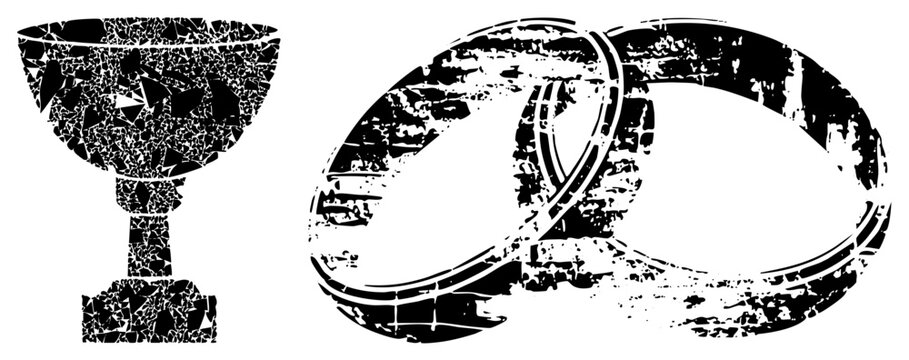 Broken trophy cup with mosaic cracks beside gritty wedding bands call them &ldquo;smash奖杯&rdquo; or &ldquo;rings of ruin&rdquo;, rendered in high contrast halftone style for edgy branding or apparel.