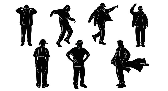 Set of male hip hop dancer silhouettes performing urban street moves