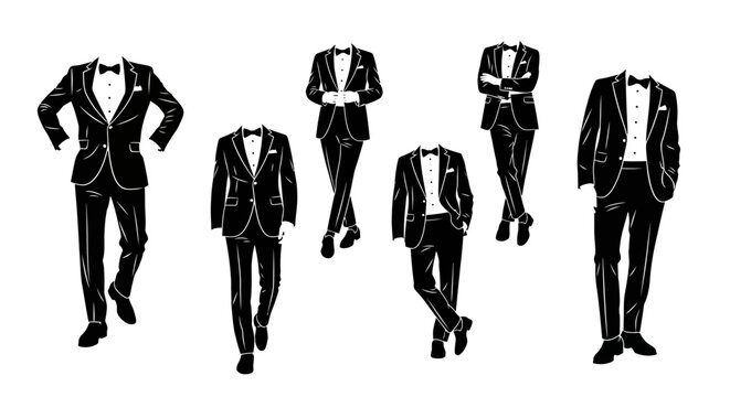 Set of headless men in black tuxedos, formal wedding fashion illustration