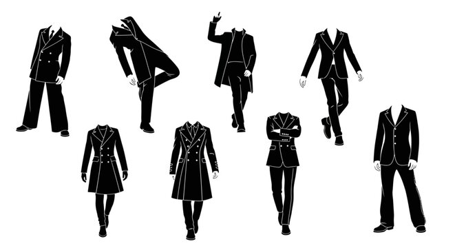 Set of headless male business suit silhouettes in various poses