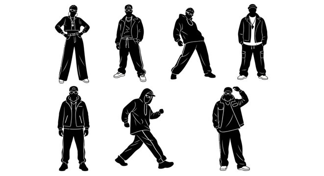 Set of hip hop dancers in various poses, urban street style silhouettes