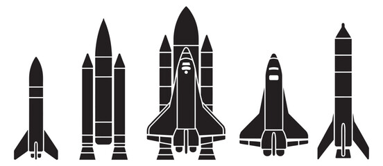 Fototapeta premium Rocket silhouette icon set, minimal vector collection of space rockets and launch vehicles for aerospace science exploration and technology design