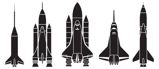 Obraz premium Rocket silhouette icon set, clean collection of space shuttle rockets and launch systems silhouettes for aerospace exploration science and transport