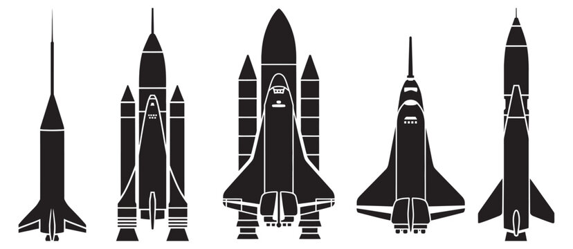 Rocket silhouette icon set, clean collection of space shuttle rockets and launch systems silhouettes for aerospace exploration science and transport