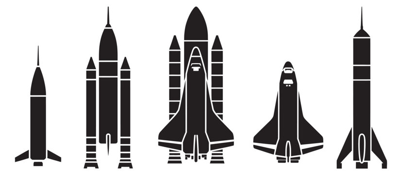 Rocket silhouette icon set, clean collection of space shuttle rockets and launch systems silhouettes for aerospace exploration science and transport
