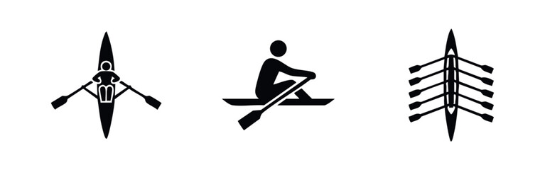 Set of three black minimalist silhouette icons representing competitive rowing and sculling from various perspectives on a white background. © Lili