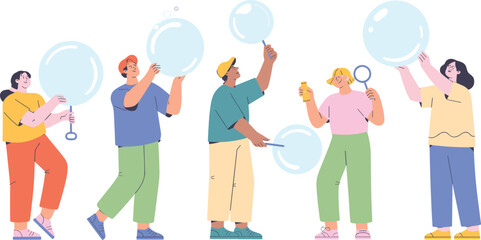 Fototapeta premium Playful vector illustration of diverse people enjoying soap bubbles together, fun leisure activity, colorful casual clothing design
