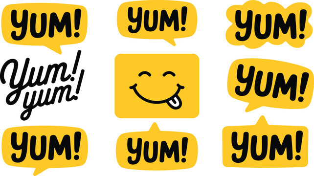 Playful vector illustration of yellow speech bubbles with YUM text and smiling face design for food enjoyment concept
