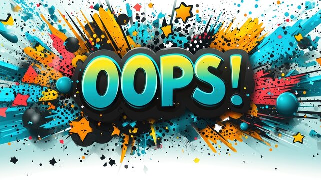 A colorful and dynamic graphic design with the word "Oops!" in a bold, 3D font, surrounded by a vibrant explosion of abstract shapes.