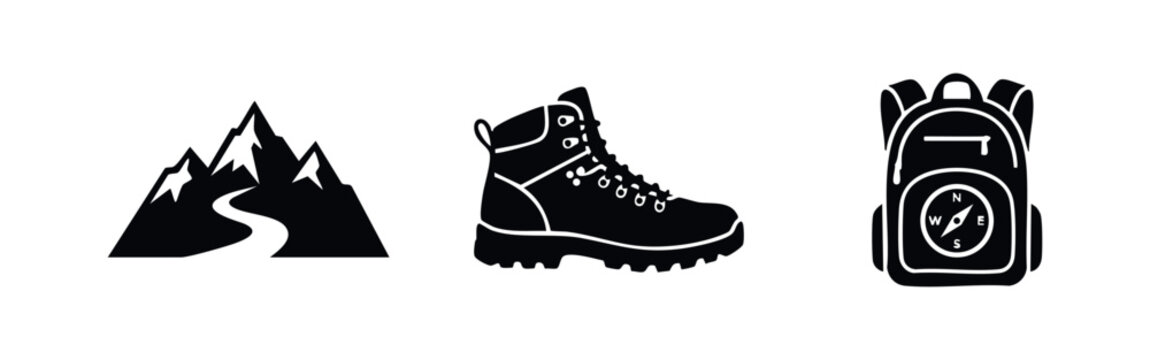 Hiking and trekking silhouette icon set featuring mountain peaks, a durable boot, and a backpack with a compass for outdoor adventure design.