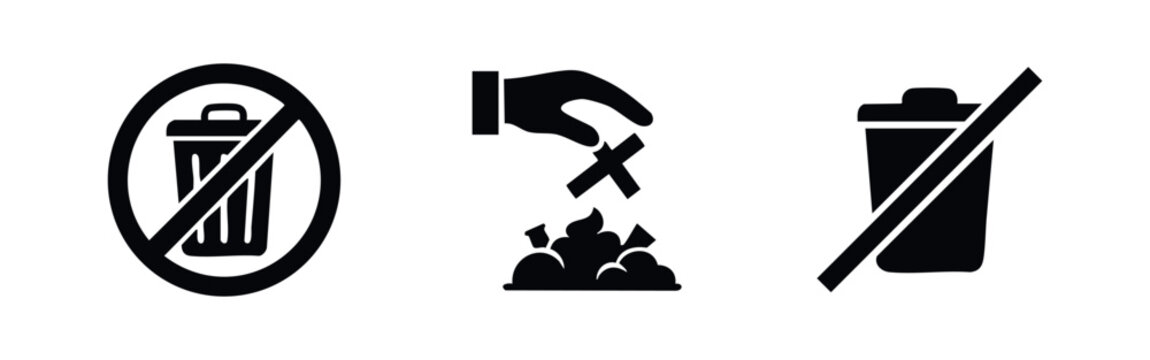 Set of three black and white minimalist icons for no littering, no trash disposal, and no dumping. Prohibited waste symbols for environmental signs.