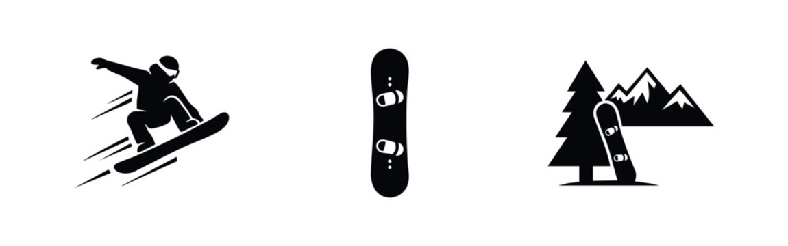 Minimalist black and white vector icons set featuring a snowboarder in action, a snowboard with bindings, and a mountain landscape with trees.