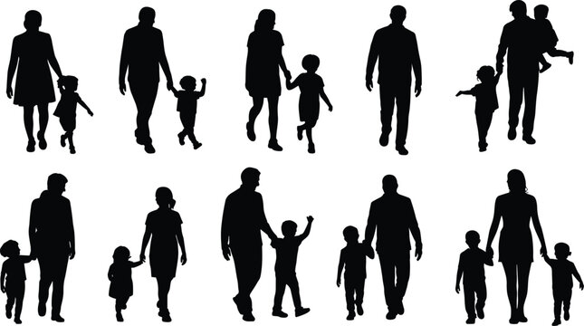 Vector illustration of black silhouettes showing adults and children walking together in pairs and groups with family bond
