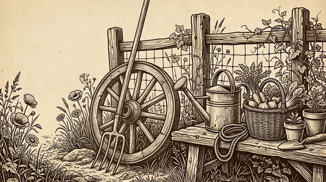 Engraving style illustration of rustic farm tools with vegetable basket and wooden fence. Vintage rural agriculture scene with hay fork and watering can. Old gardening equipment concept.