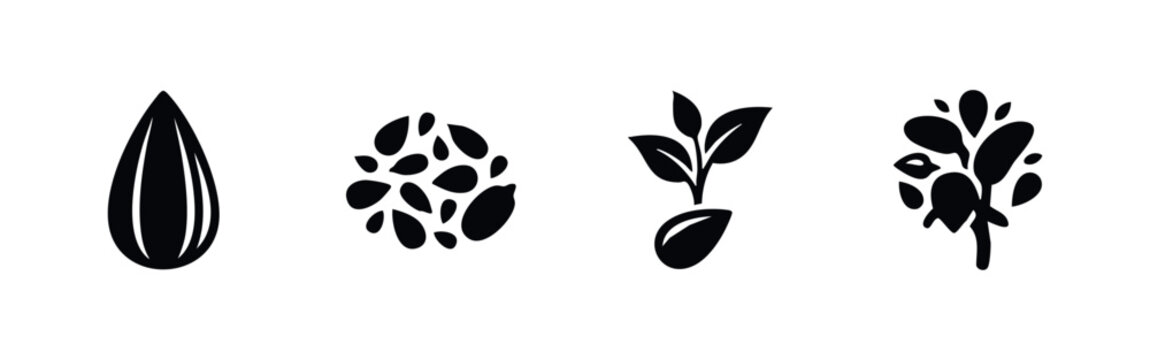 Black almond and seed icons set, featuring a single nut, a pile of seeds, a sprout, and a plant branch. Minimalist vector illustration on white.