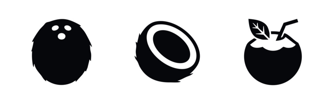 A set of three black coconut icons including a whole nut, a halved fruit, and a refreshing tropical drink with a straw. Simple, minimalist design.