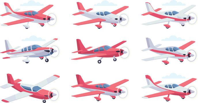 Cartoon vector illustration of colorful propeller airplanes in grid pattern with clouds background for aviation design