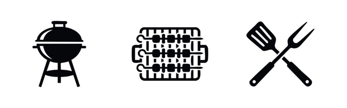 Minimalist black barbecue icon set featuring a kettle grill, skewers on a grate, and crossed spatula and fork tools for outdoor cooking.