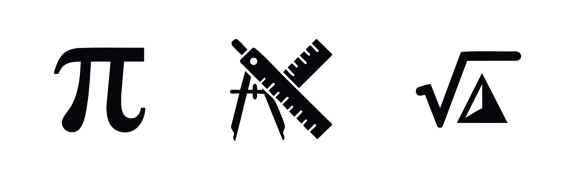 Set of minimalist black math icons featuring the pi symbol, drawing compass and ruler, and a square root sign with a triangle on white background.