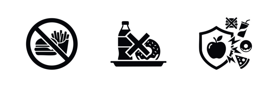 Set of vector icons promoting healthy eating, featuring a junk food ban and a shield protecting an apple from unhealthy snacks and fast food.