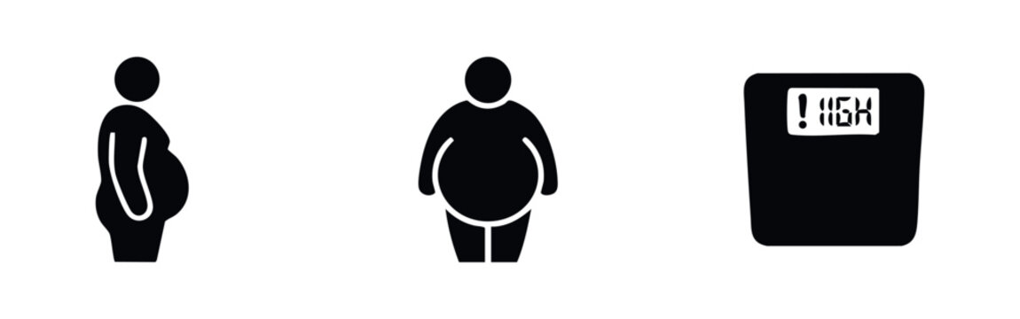 Set of minimalist black icons representing obesity and weight gain, featuring overweight silhouettes and a scale with a high weight warning.