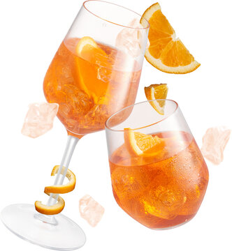 Spritz cocktail glasses with ice and orange slices isolated on transparent background