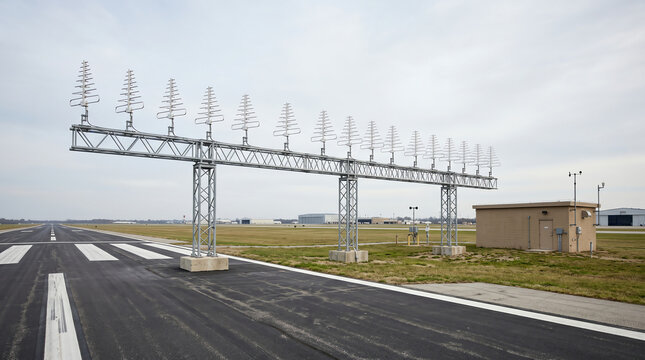 Instrument landing system localizer log-periodic antenna array at the runway end