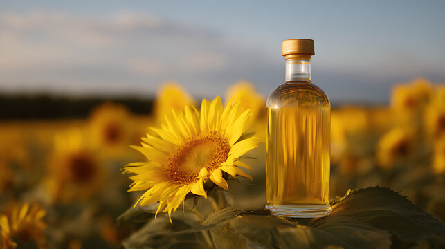 Golden Liquid in Bottle Next to Vibrant Sunflower Bloom in Scenic Field at Sunset, Nature Inspired Product Display, Warm Light, Organic Beauty