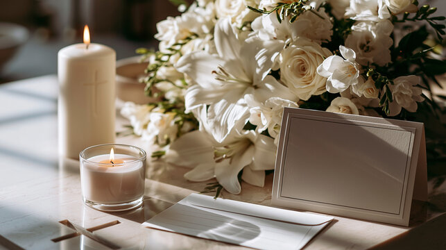 Peaceful memorial setup with white flowers, candles, blank condolence card and cross on marble table, soft sunlight and elegant shadows, serene sympathy background for funeral and remembrance design