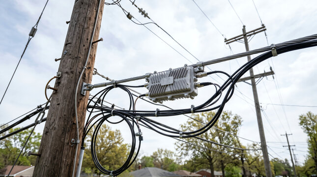 Cable amplifier housing strand-mounted between utility poles on a hybrid HFC plant