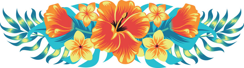 Colorful tropical hibiscus floral banner with exotic leaves isolated on transparent background, PNG format. © Oksana