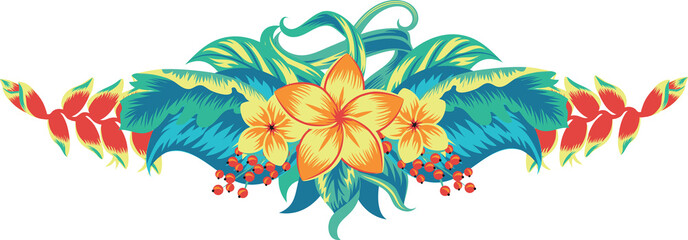 Simple short description:  Colorful tropical floral arrangement with exotic flowers and leaves isolated on transparent background, PNG format.  © Oksana