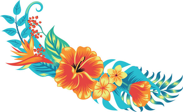 Tropical floral corner arrangement with hibiscus flowers and exotic leaves isolated on transparent background, PNG format.