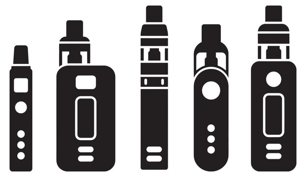Electronic cigarette icon set, minimal black glyph icons vape pods vaporizer devices smoke symbols clean vector design illustration icon pack