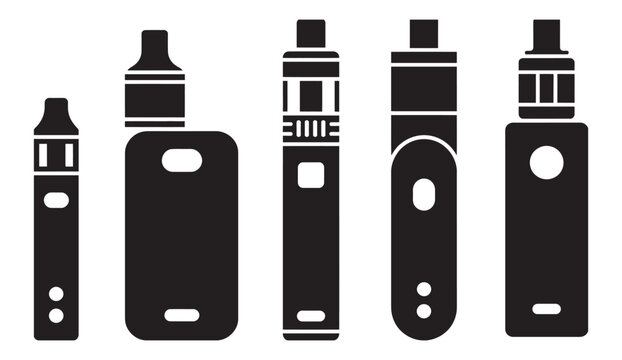 Electronic cigarette icon set, black glyph icons featuring vape devices pod systems vaporizers smoke symbols modern vector illustration design collection
