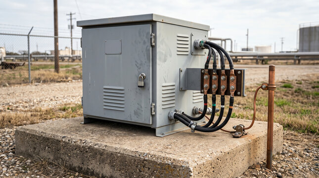 Cathodic protection rectifier cabinet on a concrete pad along a pipeline right of way