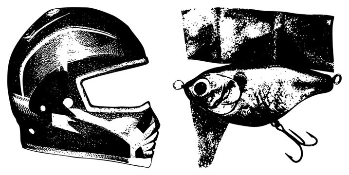 Rugged gridiron helmet (&ldquo;pigskin dome&rdquo;) meets bait shop lure (&ldquo; decoy&rdquo;) gritty halftone duo blending sports grit & angler charm in raw.