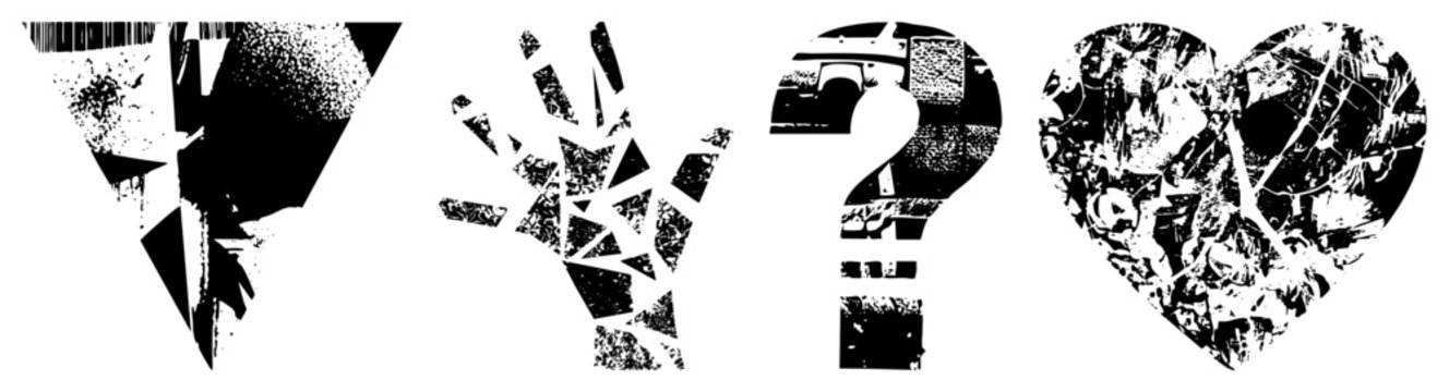 Four broken jagged arrow, splintered hand, fractured question mark, cracked heart in gritty halftone, street art style. Known as smash glyphs or glitch, they cut through noise with raw
