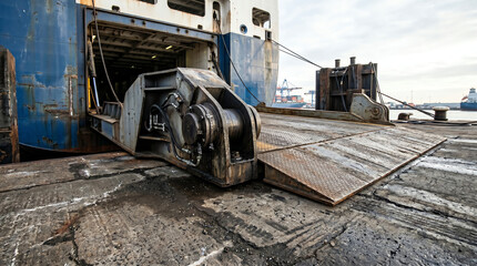 Fototapeta premium Stern ramp hinge of a roll-on roll-off ferry resting on the apron of a roro berth