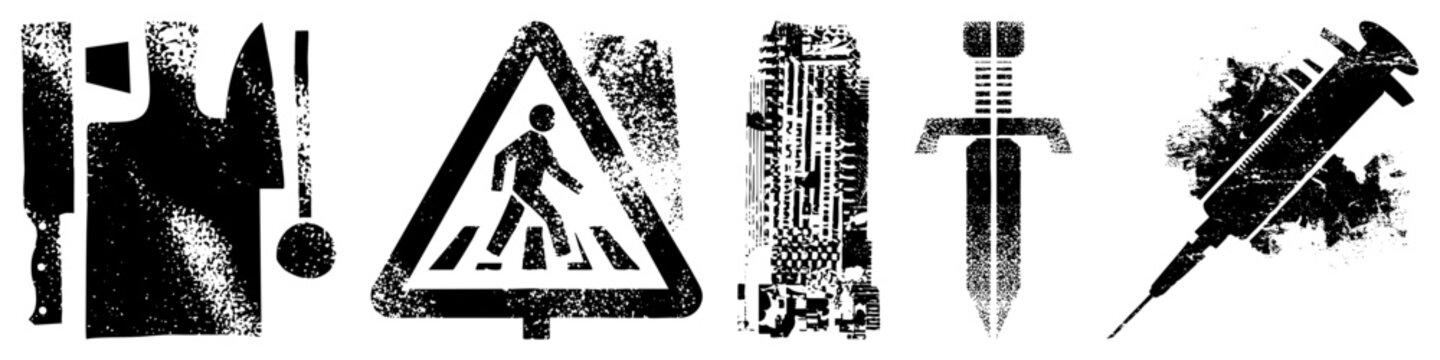 Raw halftone glyphs of street hazards, blades, syringes &ldquo;street grit&rdquo; meets &ldquo;punk stencil&rdquo;. Gritty, urban decay ideal for rebel branding or posters. Loved by designers for rough te
