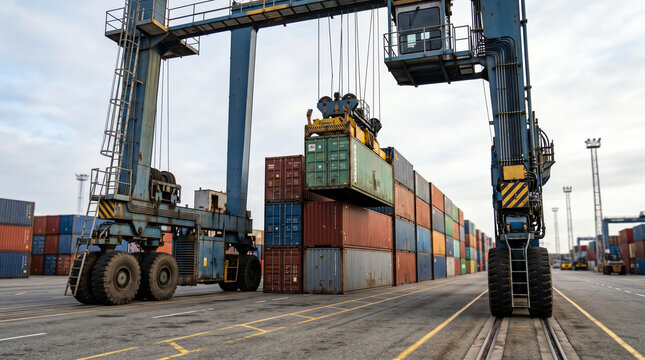 Rubber tyred gantry crane straddling a row of stacked containers