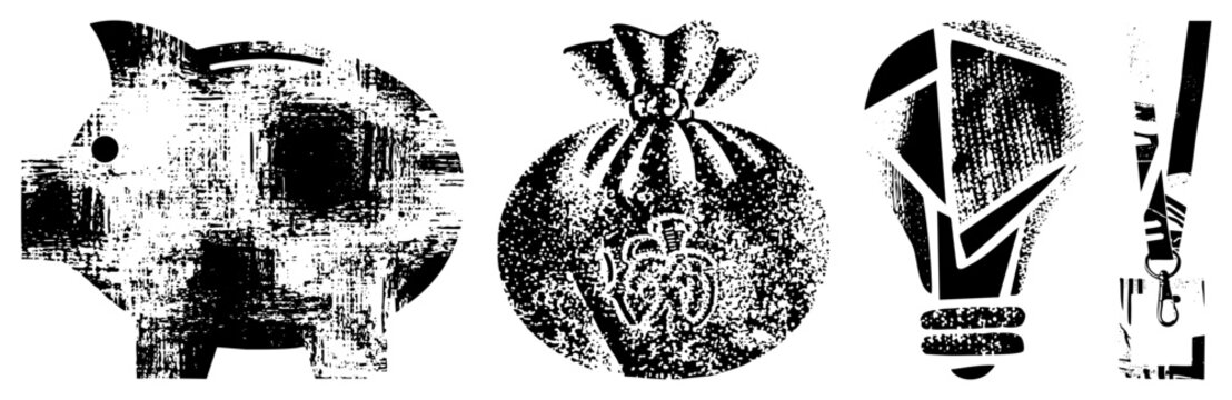 Gritty vector set piggy bank (&ldquo;savings buddy&rdquo;), cash sack, brainy lightbulb, lanyard clip. Glyph style, vintage punk vibe for branding or merch.